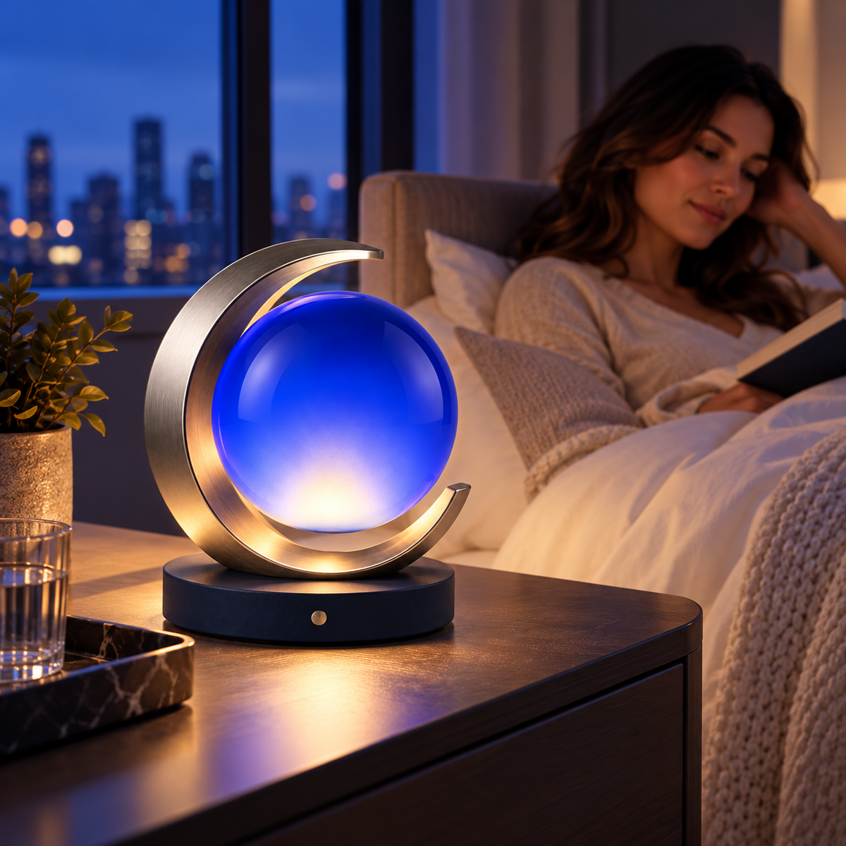 Celestial Moon Orbit Lamp – Blue Globe Bedside Ambient Light