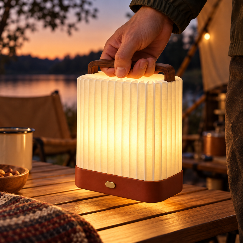 Portable Pleated Lantern Lamp – Warm Ambient Table Light with Wooden Handle