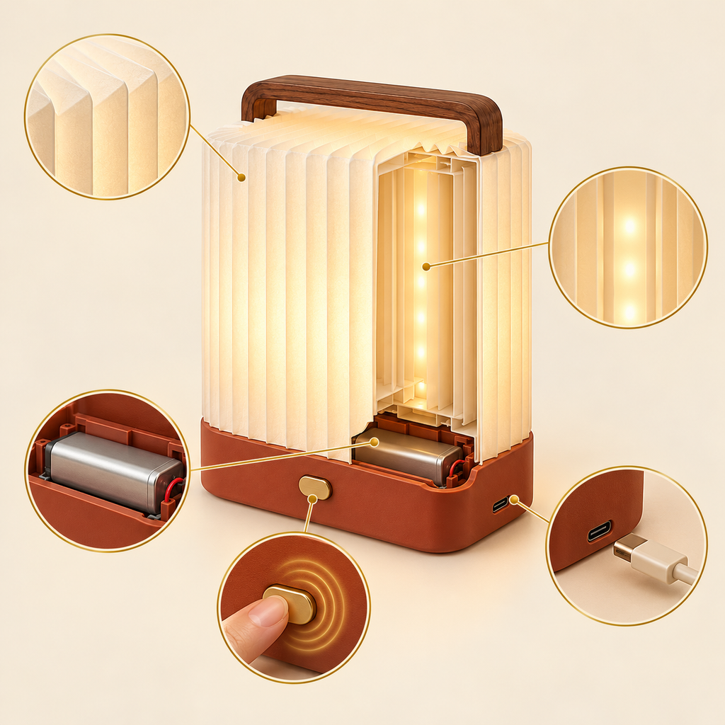 Portable Pleated Lantern Lamp – Warm Ambient Table Light with Wooden Handle