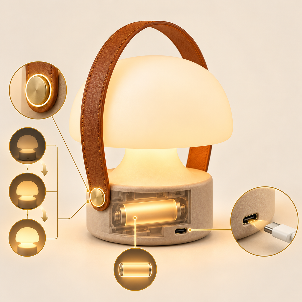 Portable Mushroom Glow Lamp – Warm Ambient Table Lamp with Carry Handle