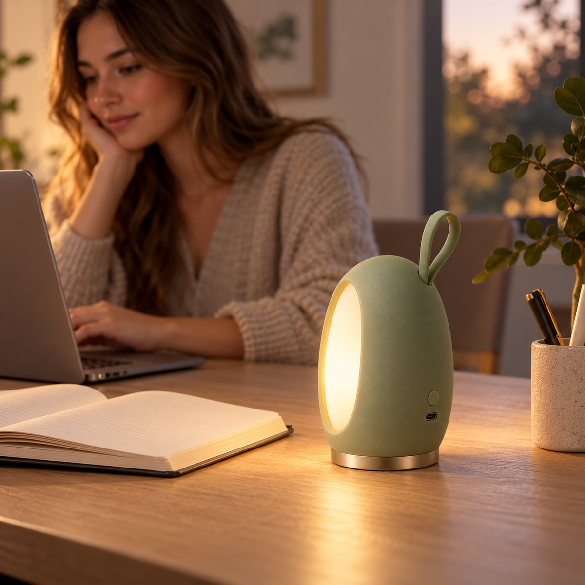 Portable Egg-Shaped LED Desk Lamp – Soft Warm Reading Light with Carry Loop