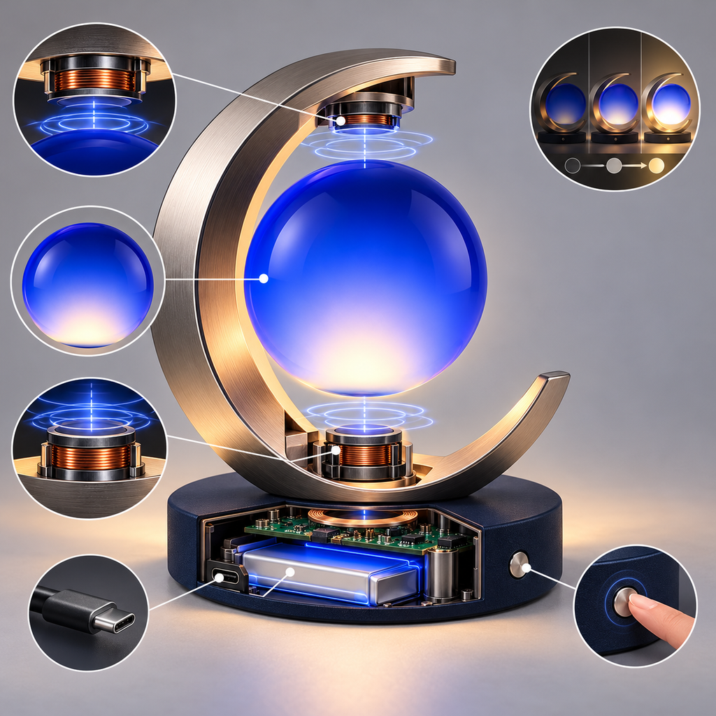 Celestial Moon Orbit Lamp – Blue Globe Bedside Ambient Light