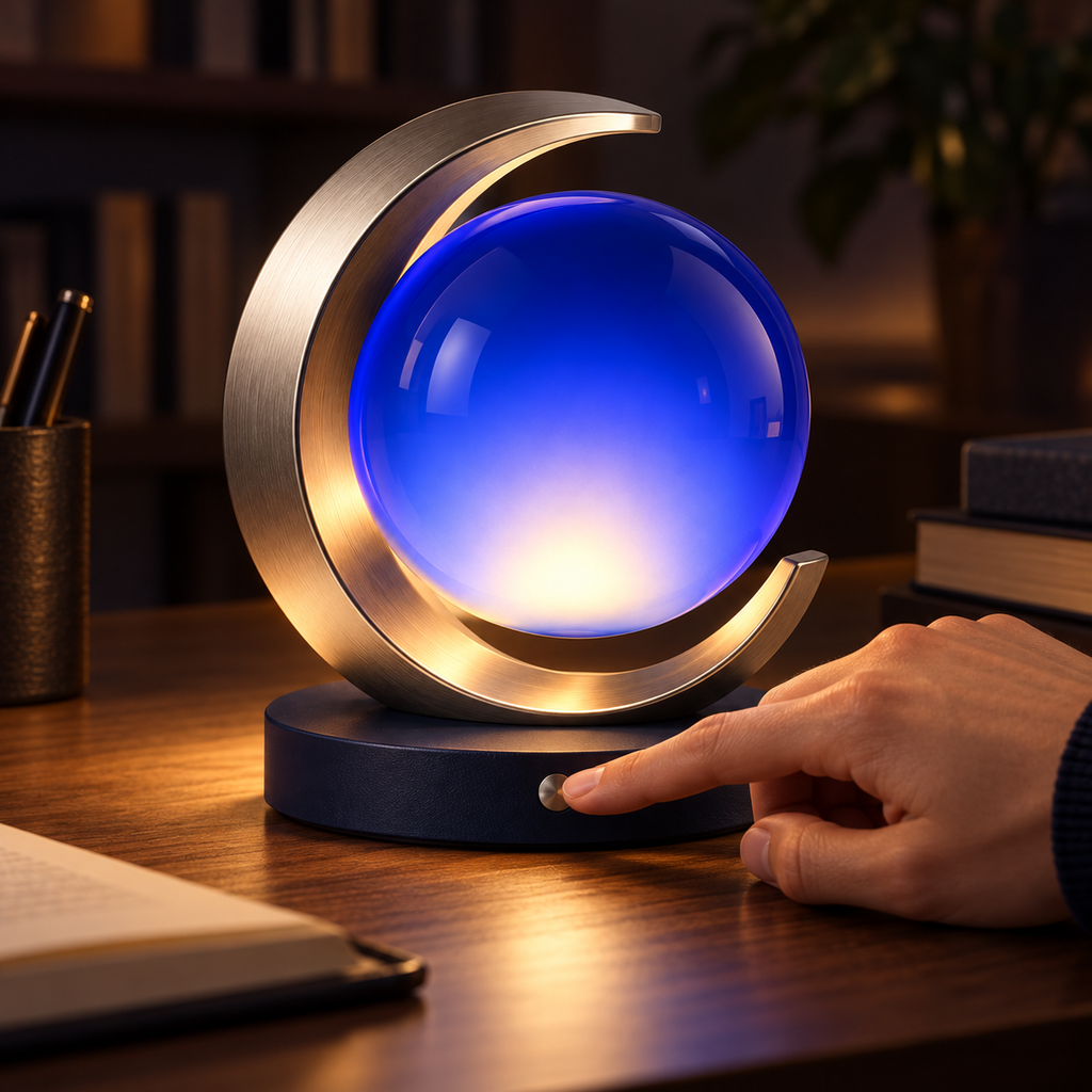 Celestial Moon Orbit Lamp – Blue Globe Bedside Ambient Light