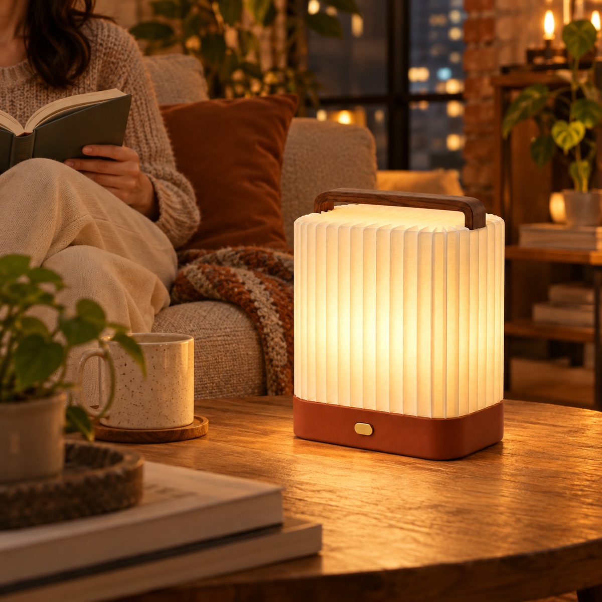 Portable Pleated Lantern Lamp – Warm Ambient Table Light with Wooden Handle